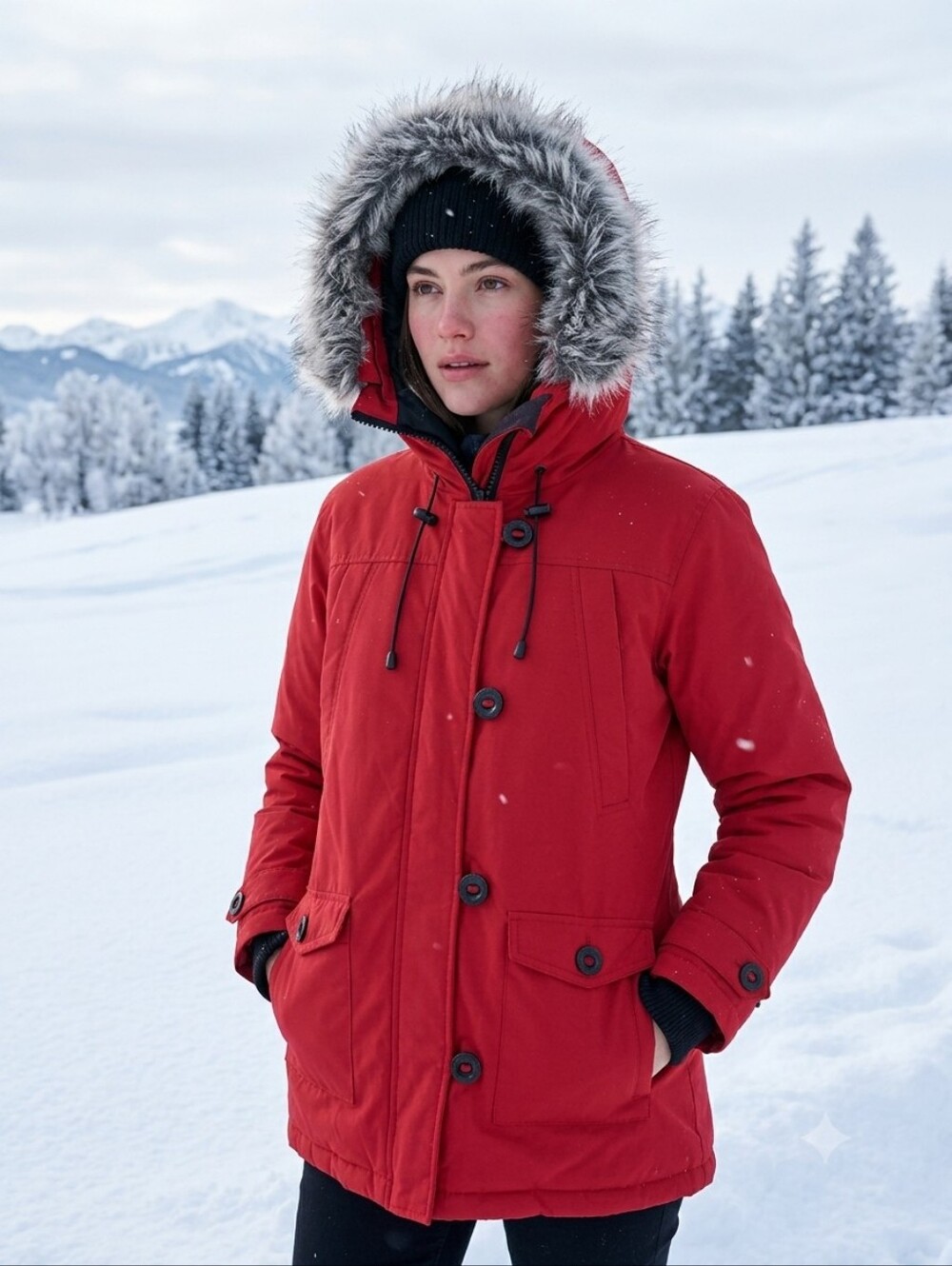 Women's Red Hooded Down Filled Ski Jacket with Faux-Fur Trim
